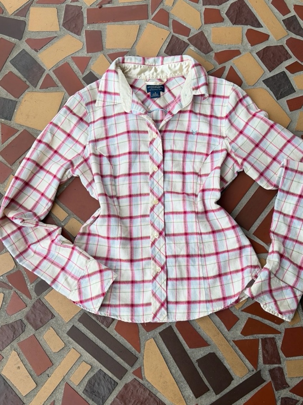 American Eagle Women's White Button Down with Pink Plaid